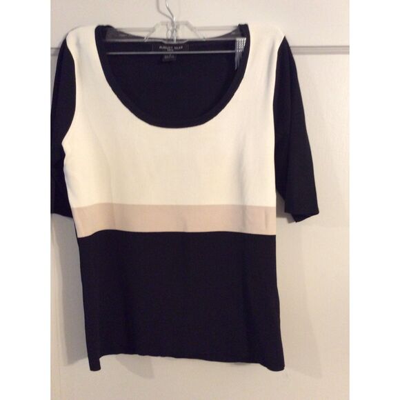August Silk striped neutral short sleeve sweater career Small S VNC - Picture 1 of 4